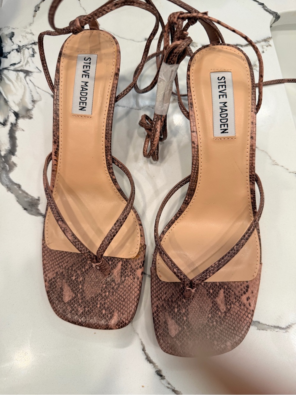 Steve Madden Brown Snake-Print Lace-Up Ankle Heeled Sandals